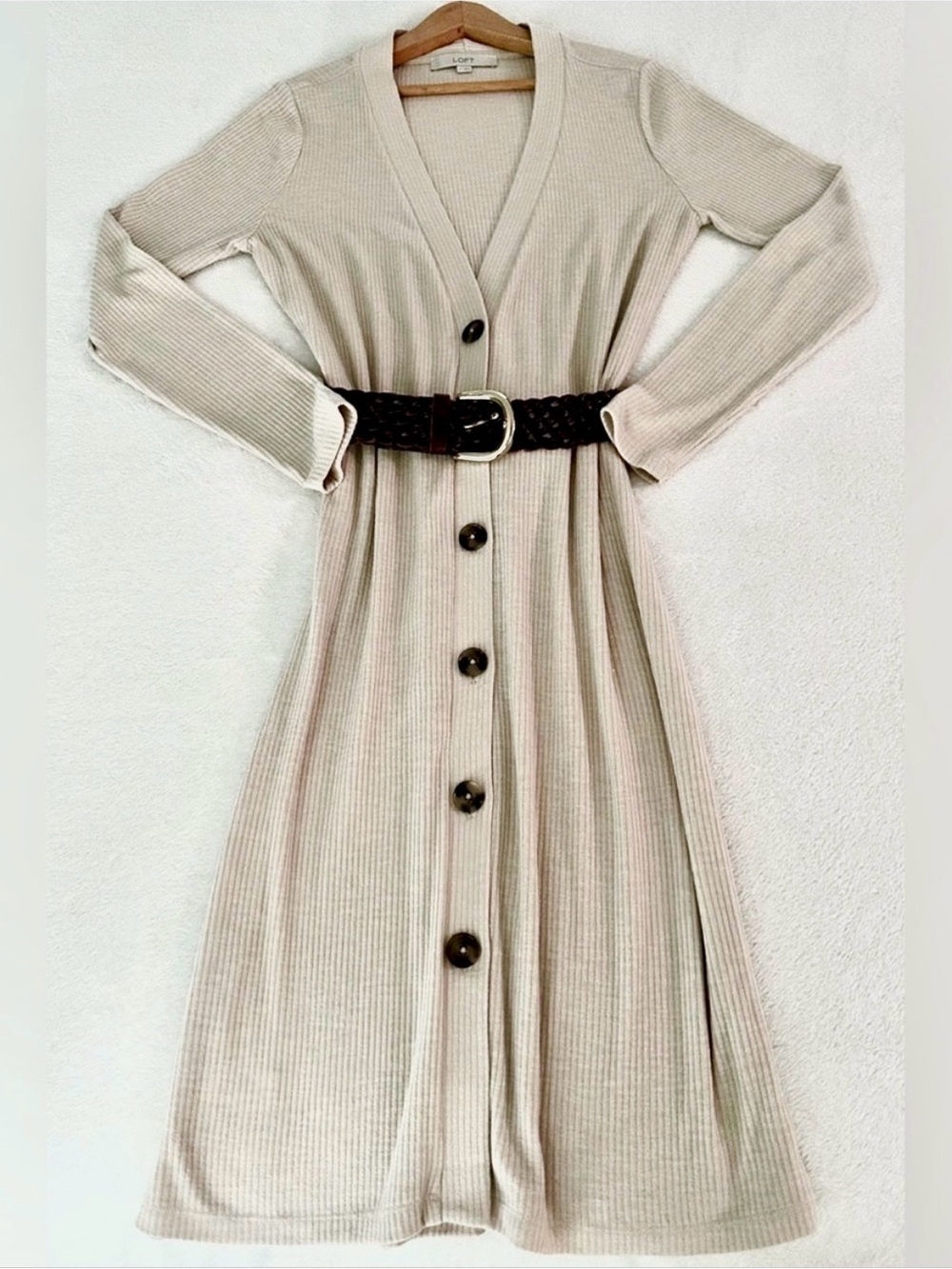 LOFT Oatmeal Ribbed Knit Maxi Cardigan Duster